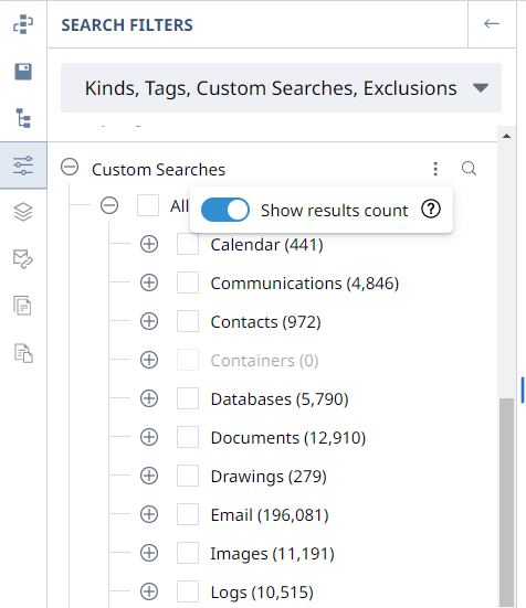 Search Filters window showing the Show results count option selected.